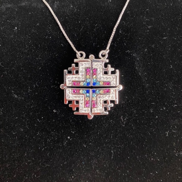 Sterling Silver Jerusalem Cross with Cubic Zirconia Two-Way Magnetic Pendant - Picture 5 of 6